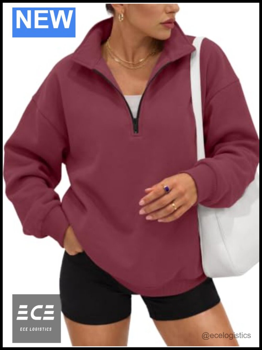 Oversized Half Zip Fleece Sweatshirt Cotton Polyester Mock Neck